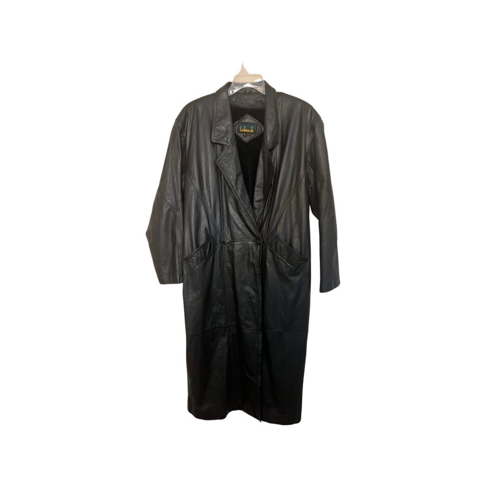 Black Leather Trench Coat Vintage 1980s Woman's Leather City XL